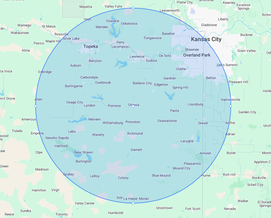 Service Area Map - 50 mile radius from Ottawa, Kansas